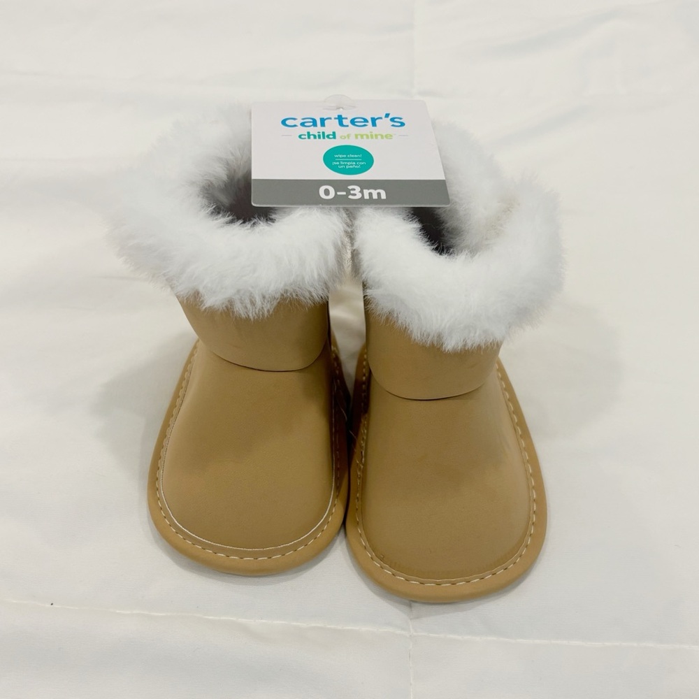 NWT Carter's Tan Booties with White Fluff